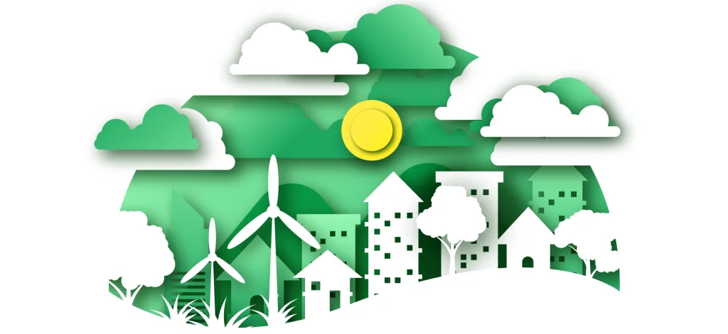 Une image en blanc et vert qui représente une petite ville au milieu d'éolionne. Il y a un grand soleil et des nuages